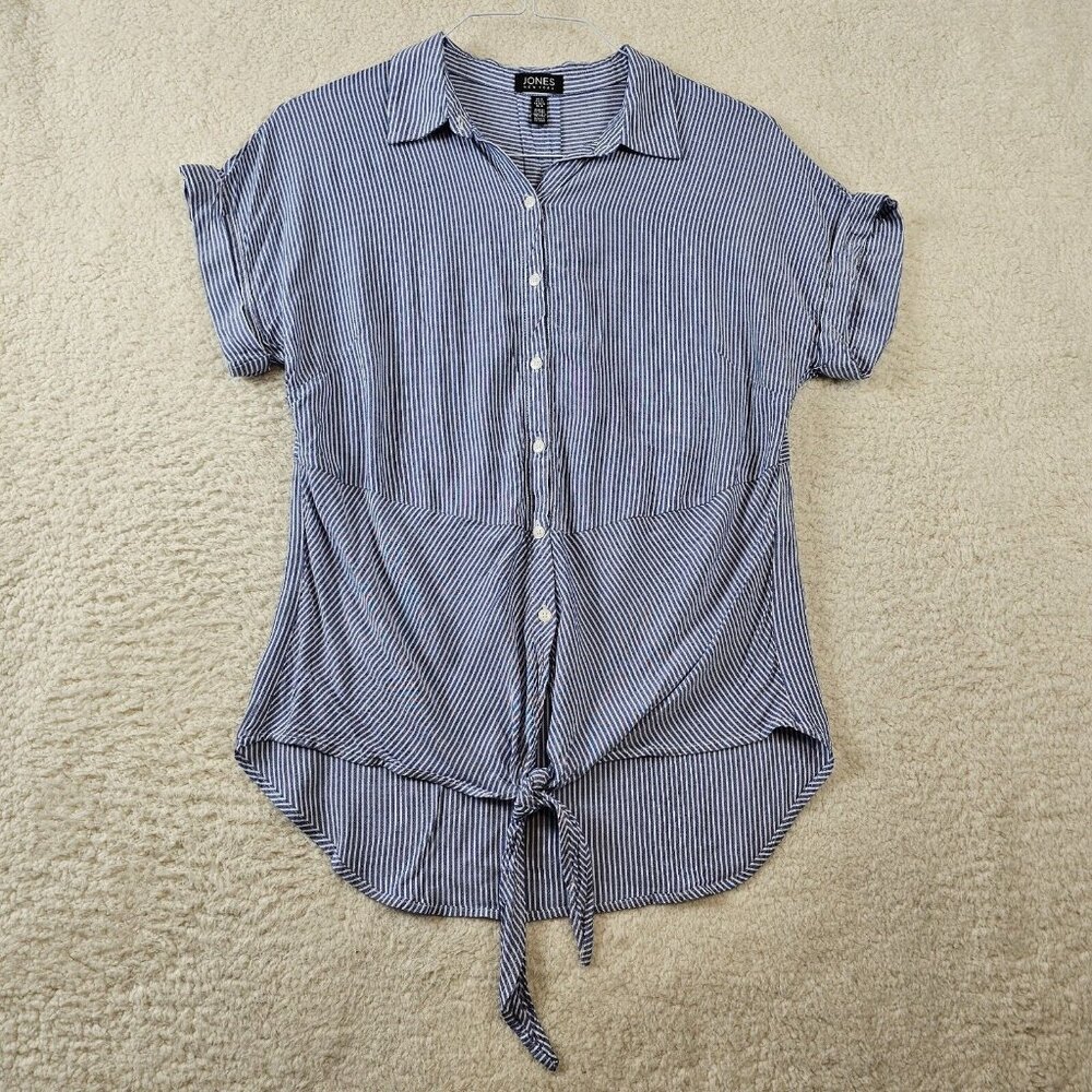 Jones New York Top Women Medium Blue Tie Front Cuffed Cap Sleeve Coastal Cowgirl
